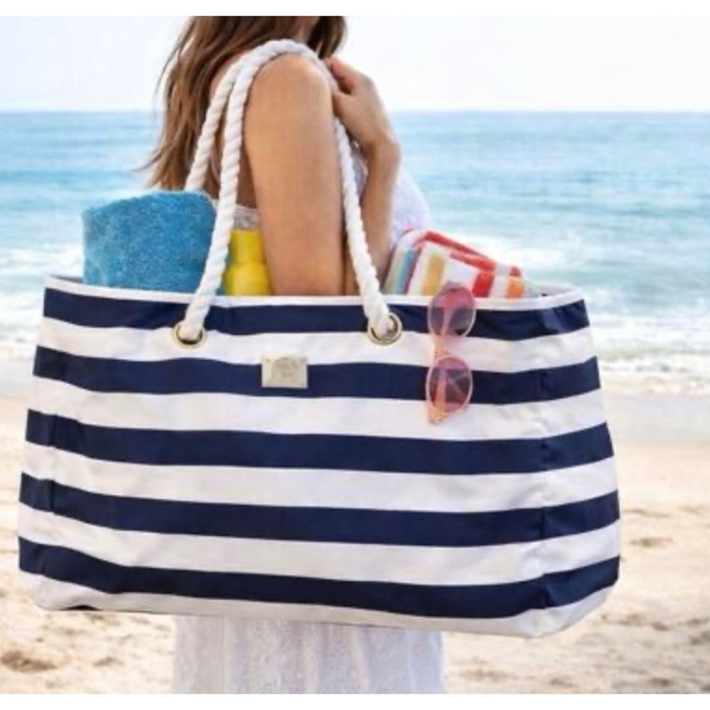 B&C Nautical Navy White Striped Beach Tote Bag Rope Handles Large Travel Bag NEW